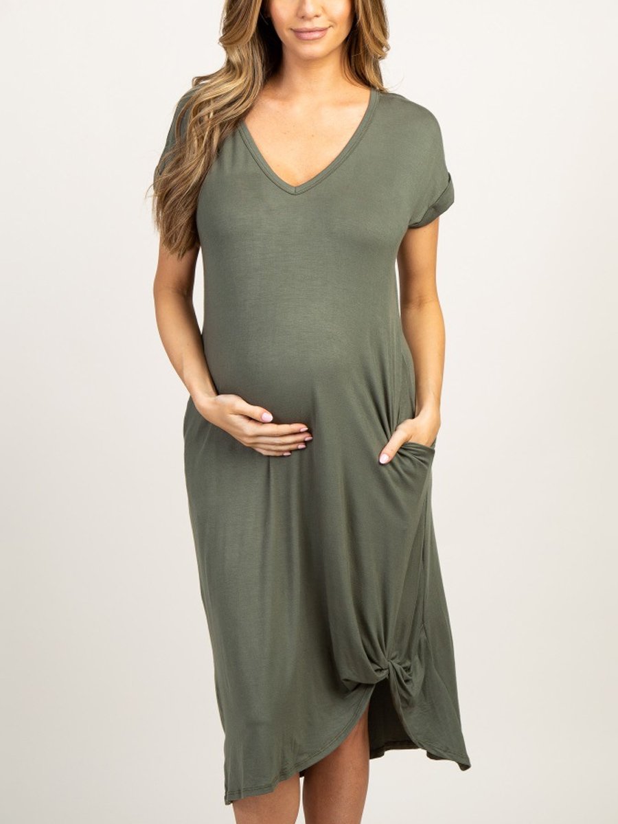 Maternity Loose Casual Solid Color Short Sleeve Maxi Dress - dianjiang-