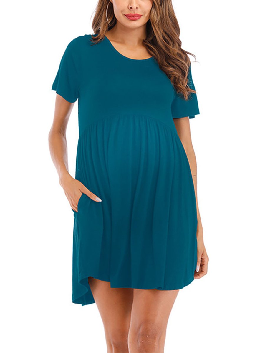 Maternity Solid Color Waist Casual Short Sleeve Dress - dianjiang-