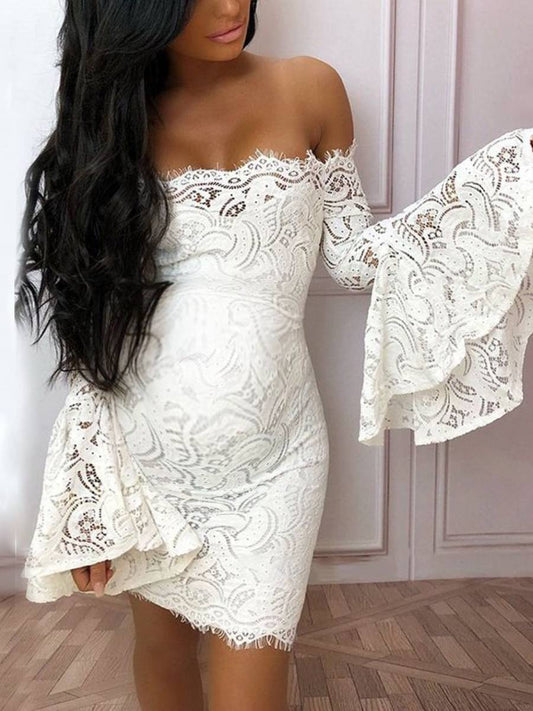 Maternity Off The Shoulder Lace Flare Sleeve Dress - dianjiang-