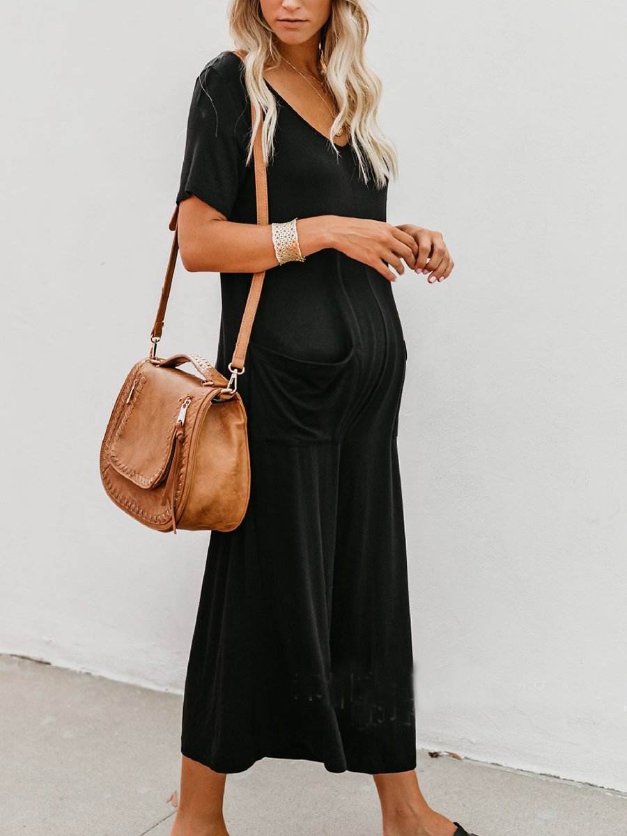 Solid Color Short Sleeve Loose Maternity Jumpsuit - dianjiang-