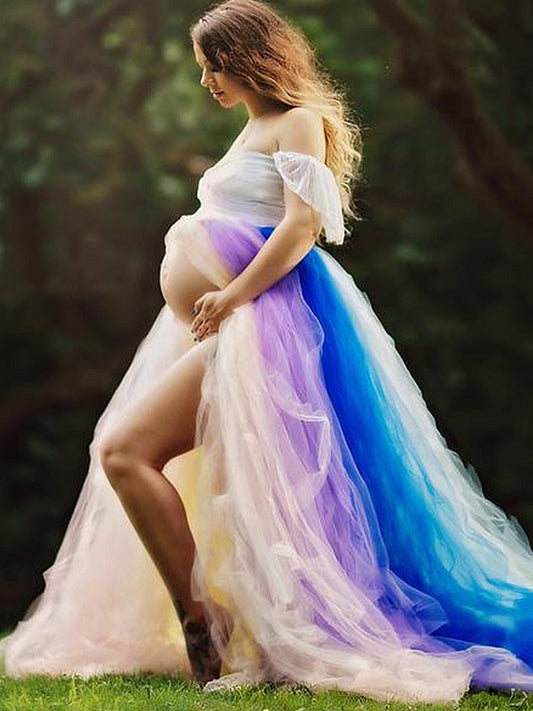 Maternity Elegant Rainbow Soft Yarn Photo Dress - dianjiang-