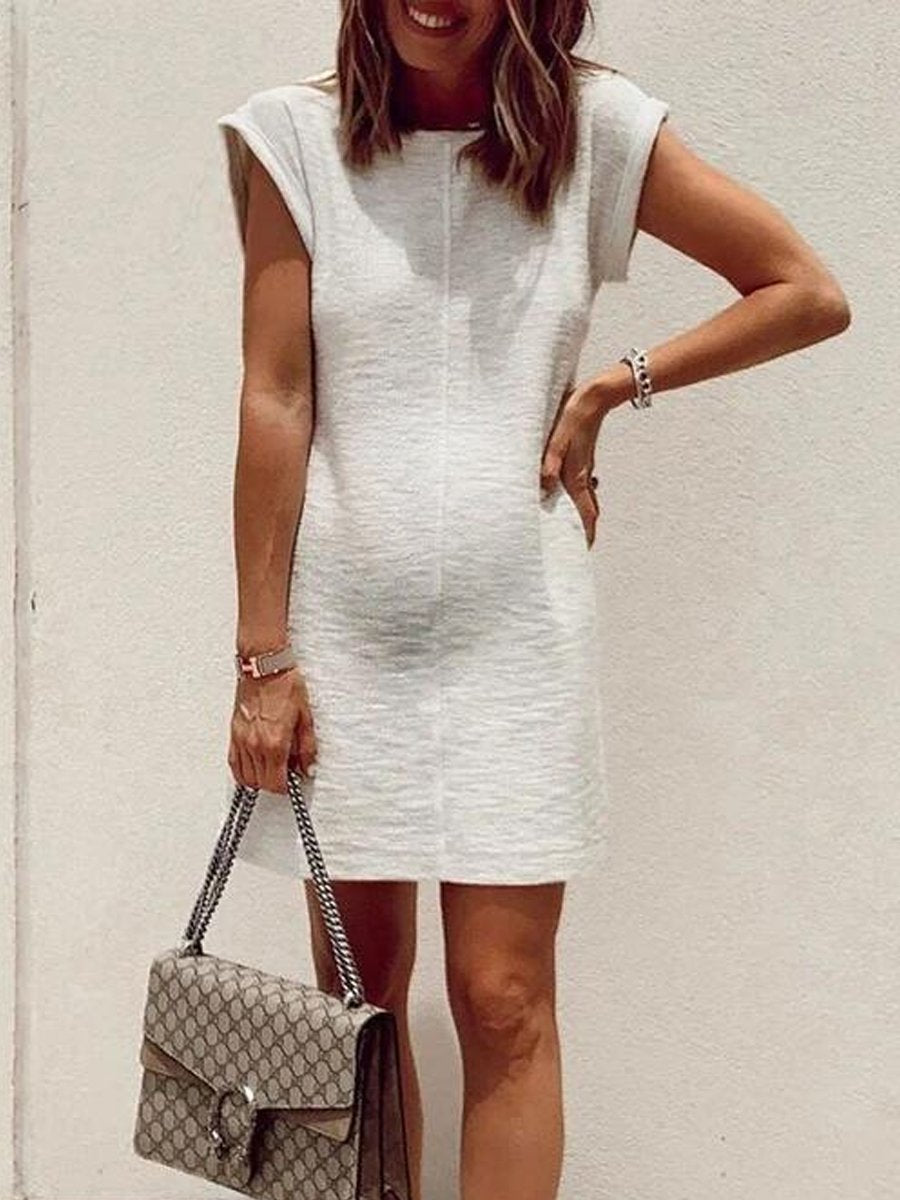 Maternity Round Neck White Casual Mini Dress - dianjiang-