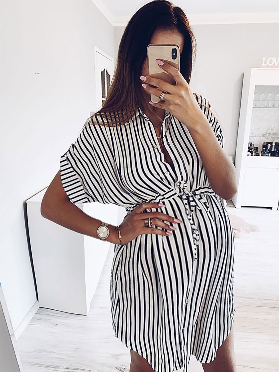 Maternity Fashion Striped Fold Over Collar Single-Breasted Dress - dianjiang-