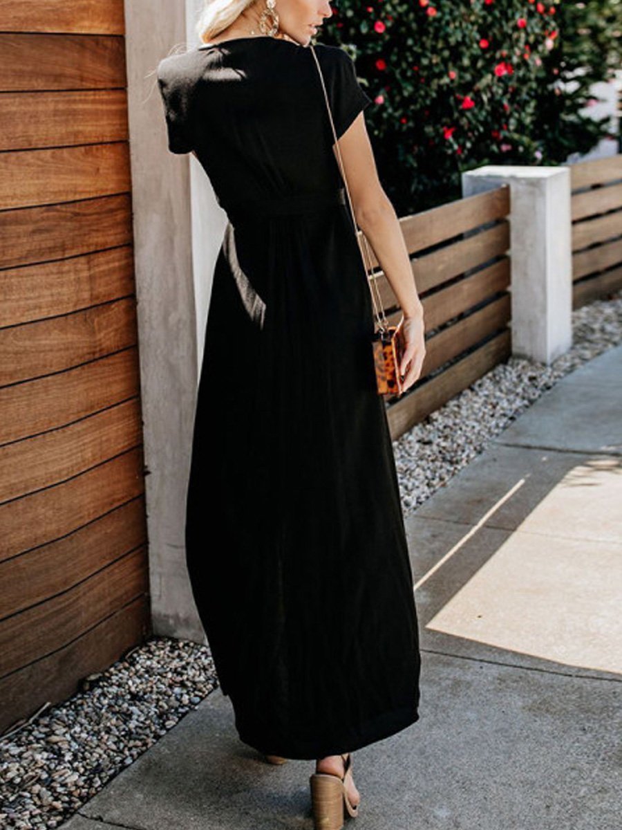 Maternity Solid V-Neck Short Sleeve Long Dress - dianjiang-