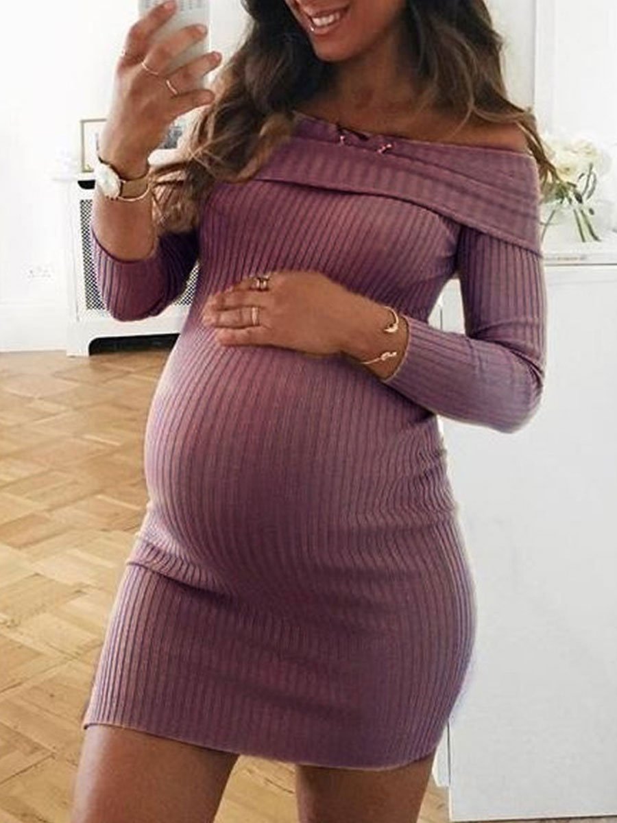 Maternity Solid Color Shoulder Dress - dianjiang-