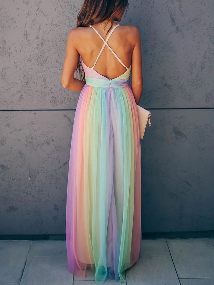 Maternity Sexy Rainbow Striped Maxi Dress - dianjiang-