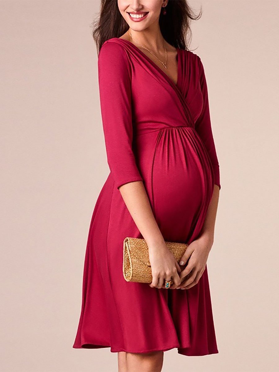 Maternity Pleated Deep V Fashion Party Evening Dress - dianjiang-