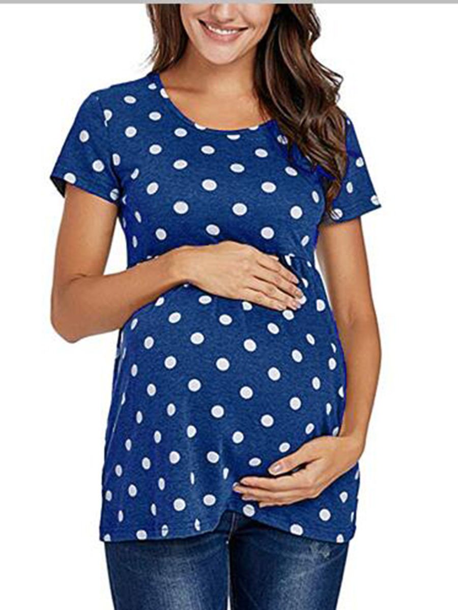 Round Neck Maternity Polka Dot Print Short Sleeve - dianjiang-