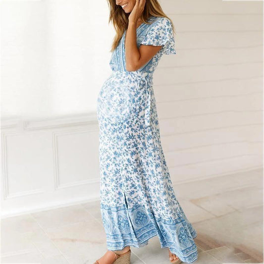 Maternity Printed With Short Sleeves Casual Long Dress - dianjiang-