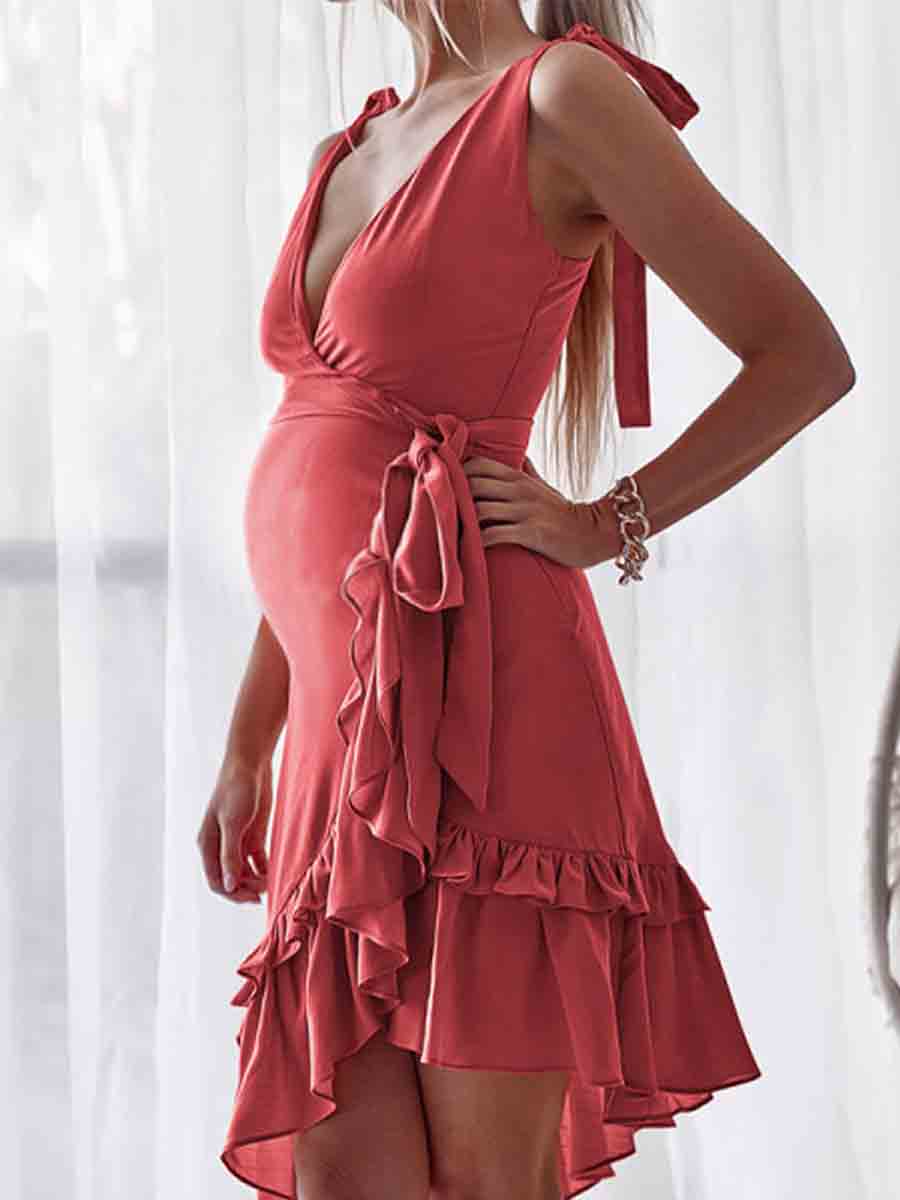 Maternity Deep V Asymmetric Falbala Daily Dress - dianjiang-