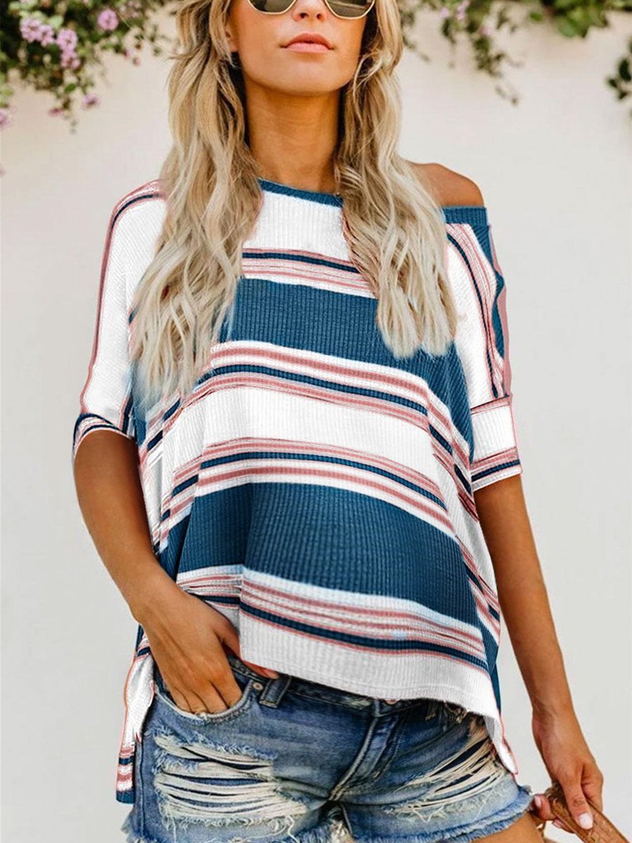 Maternity Loose Striped Diagonal Collar Asymmetric T-Shirt - dianjiang-