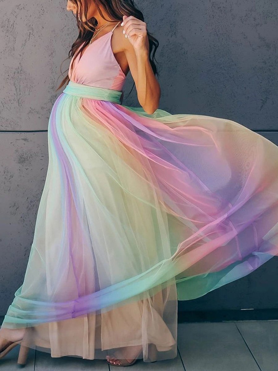 Maternity Sexy Rainbow Striped Maxi Dress - dianjiang-