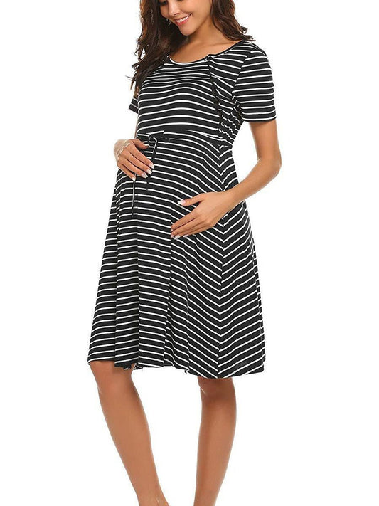 Round Neck Print Maternity Dress - dianjiang-