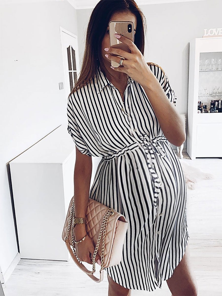 Maternity Fashion Striped Fold Over Collar Single-Breasted Dress - dianjiang-