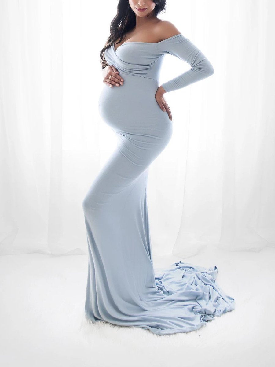 Maternity Long Sleeve Slit Shoulder Pure Color Dress - dianjiang-