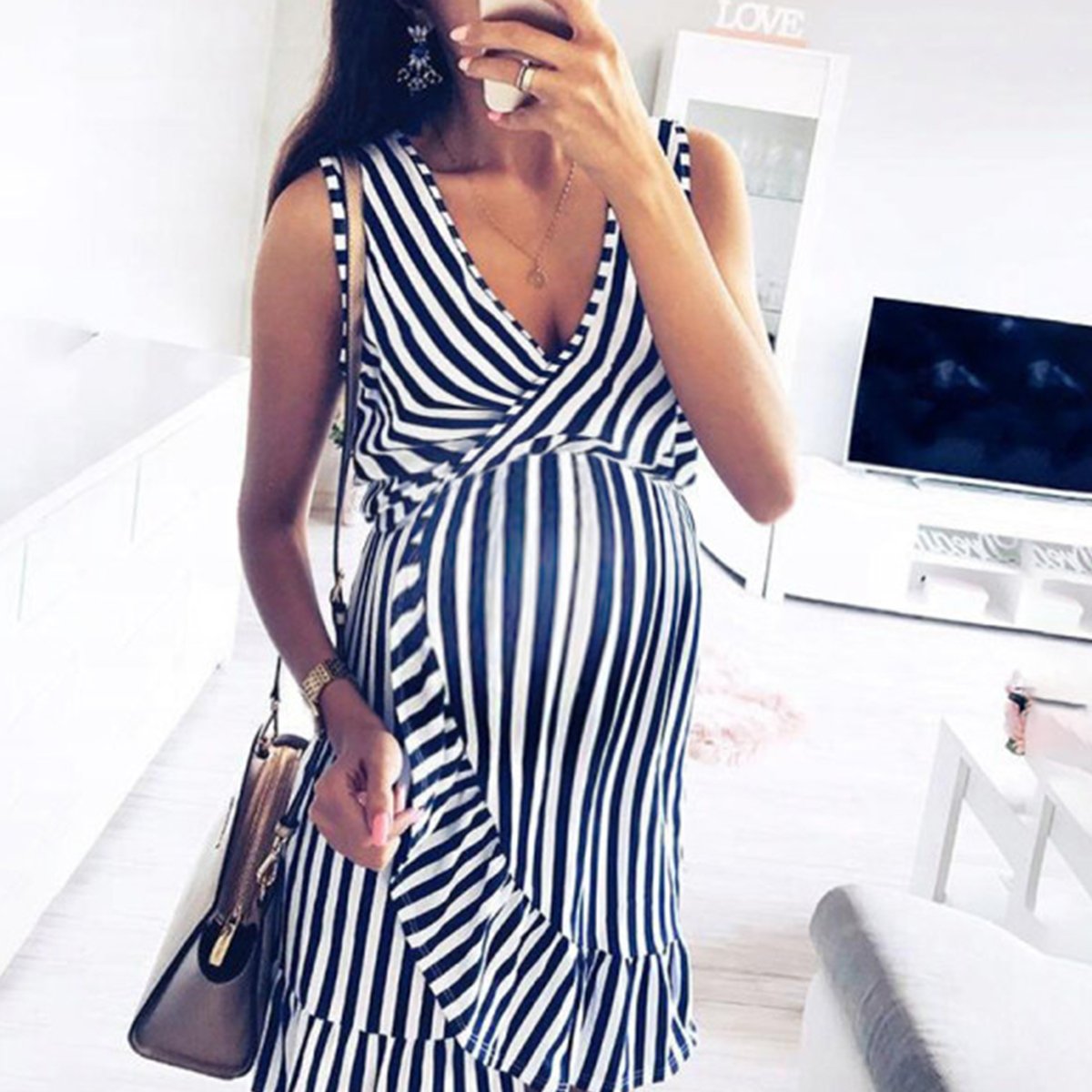 Deep V Sleeveless Stripes Maternity Dress - dianjiang-