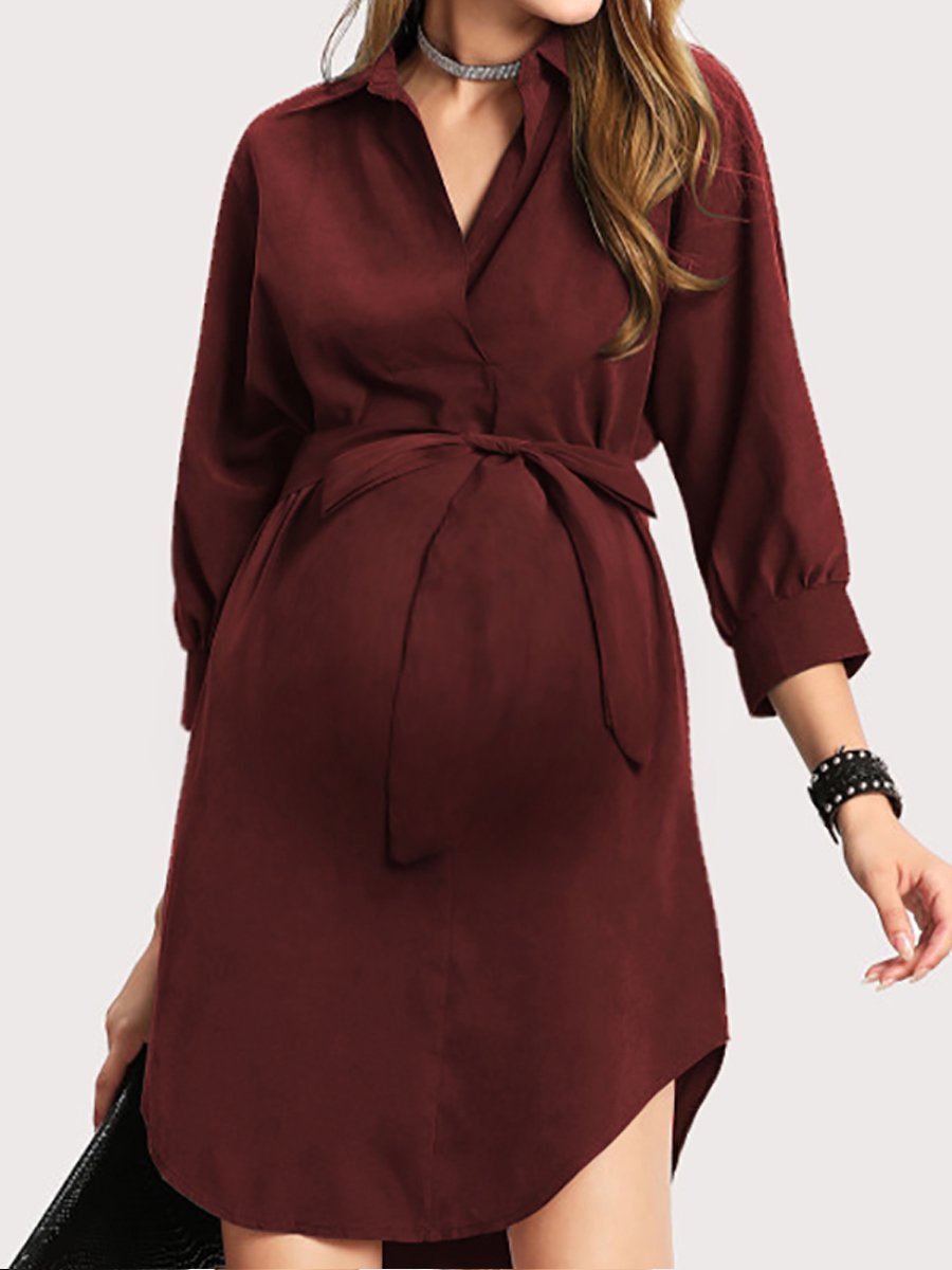 Maternity Fashion V Neck Pure Colour Shirtdress - dianjiang-