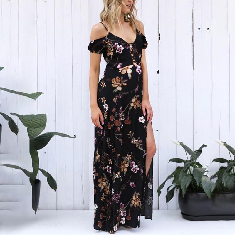 Maternity Printed Off The Shoulder Maxi Dress - dianjiang-