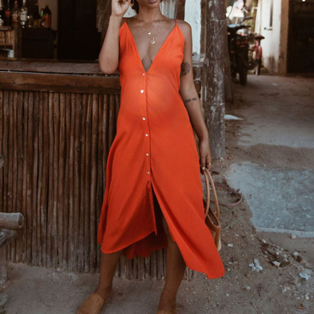 Strap Deep V-Neck Button Backless Maternity Dress - dianjiang-