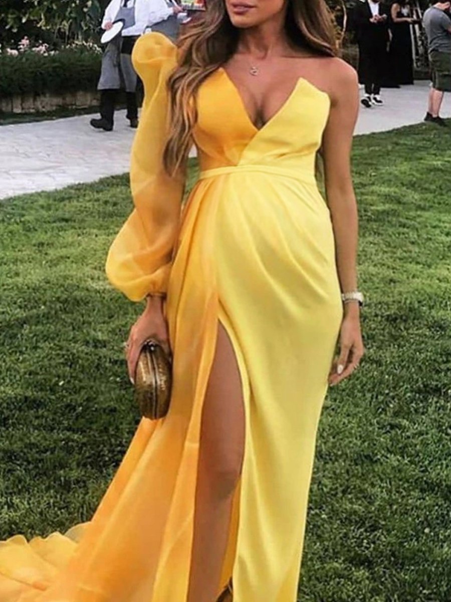 Maternity Sexy Yellow Stitching Evening Dress - dianjiang-