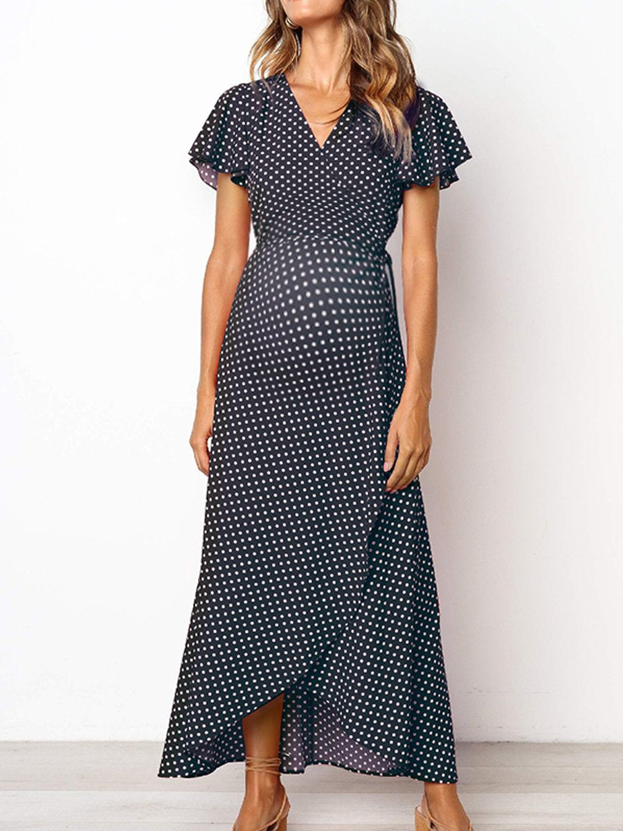 Maternity V-Neck Polka Dots Asymmetrical Long Dress - dianjiang-