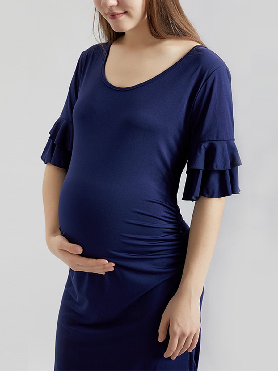 Maternity Ruffled Trumpet Sleeve Crew Neck Midi Dress - dianjiang-
