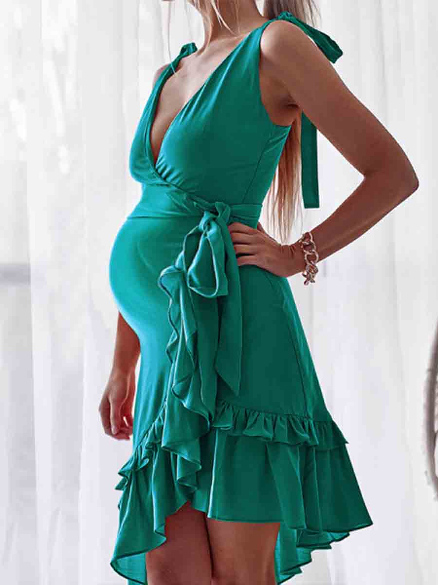 Maternity Deep V Asymmetric Falbala Daily Dress - dianjiang-