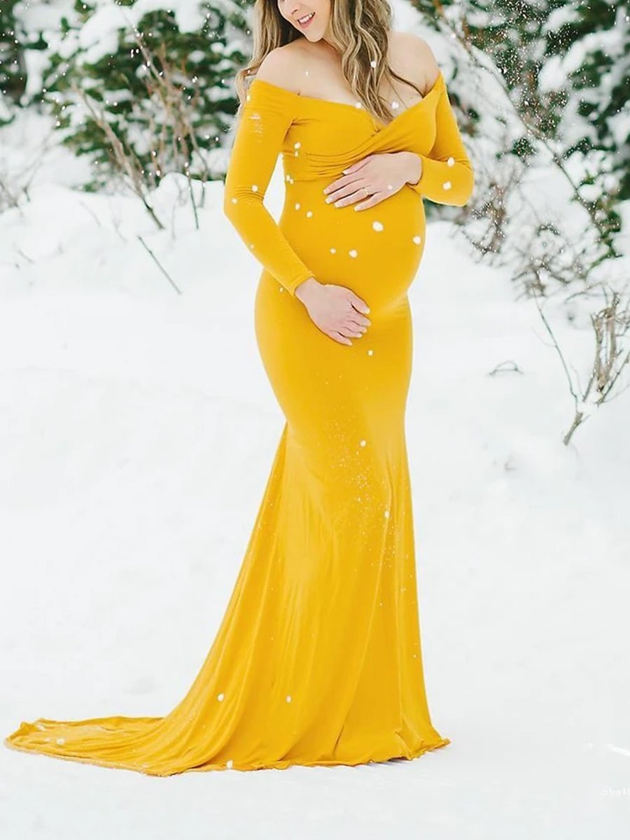 Maternity Long Sleeve Slit Shoulder Pure Color Dress - dianjiang-