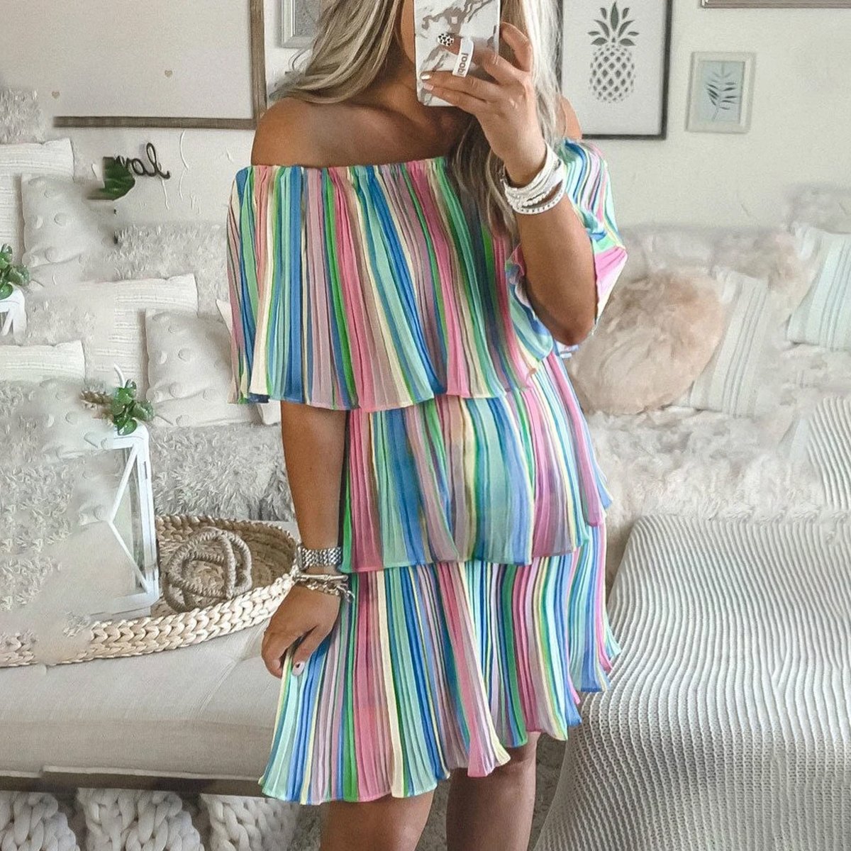 Maternity Rainbow Stripe Off Shoulder Multi-Pleated Dress - dianjiang-