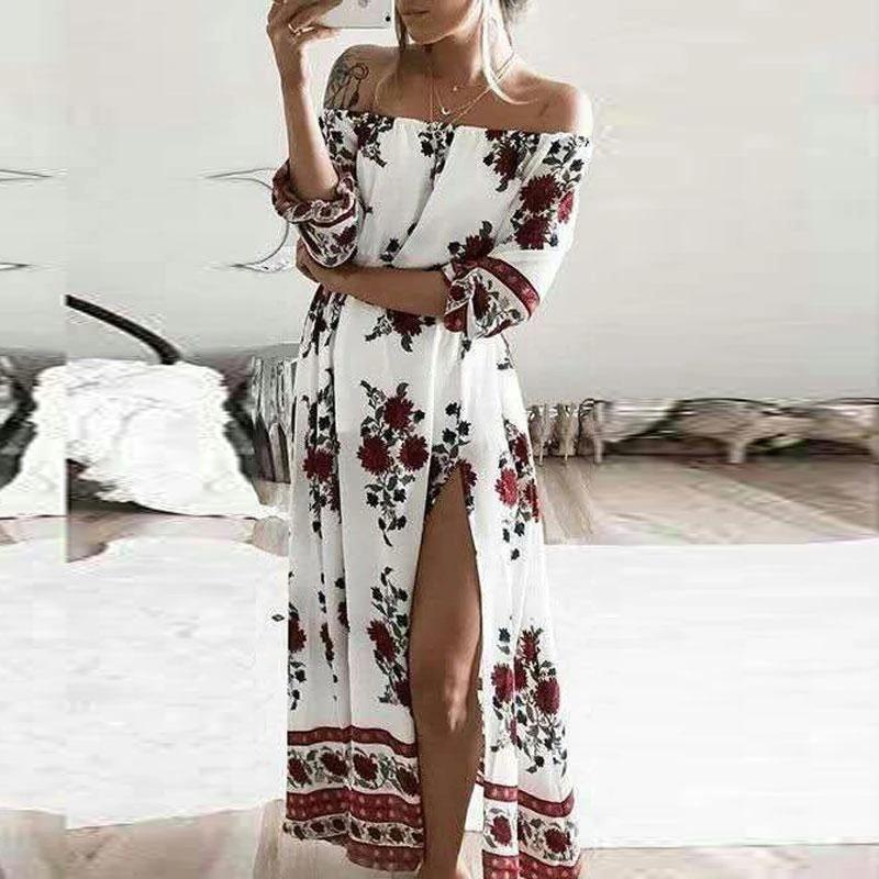 Maternity Stylish One-Shoulder High Slit Print Dress - dianjiang-