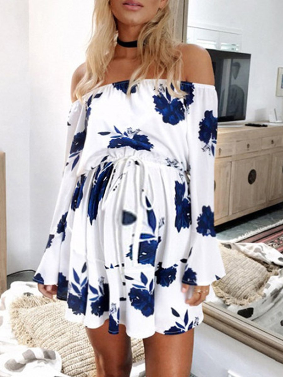 Sexy Shoulder Halter Print Maternity Dress - dianjiang-