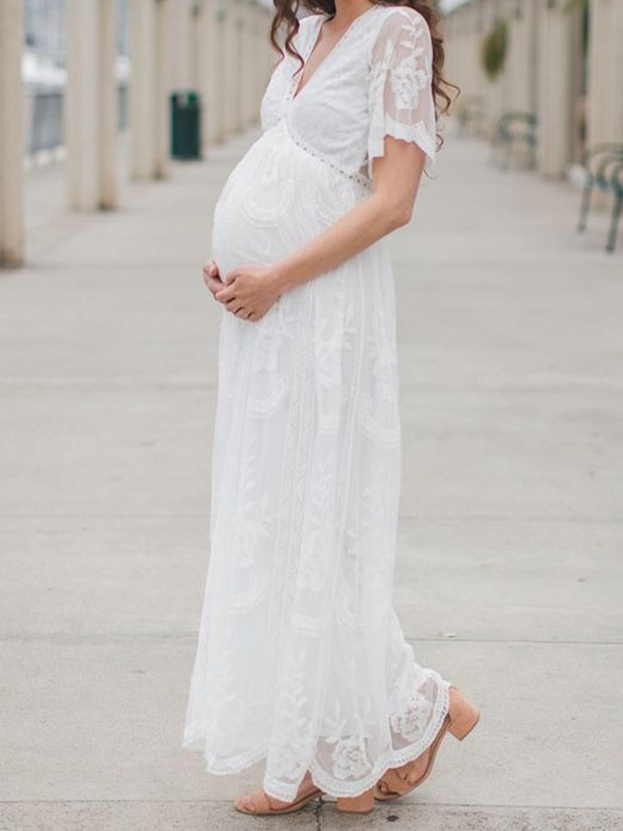 Maternity Lace Mesh Overlay Maxi Dress - dianjiang-