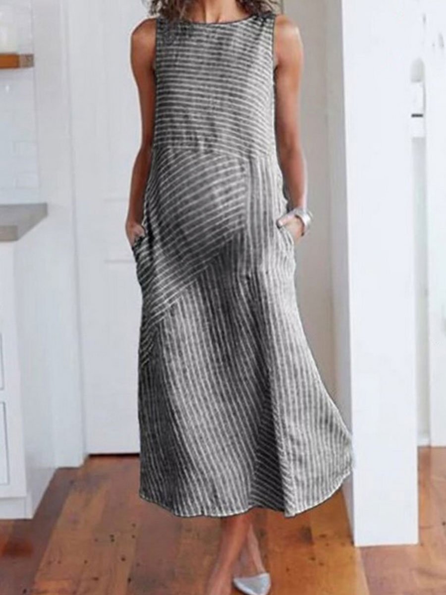 Striped Round Neck Sleeveless Plus Size Maternity Dress - dianjiang-