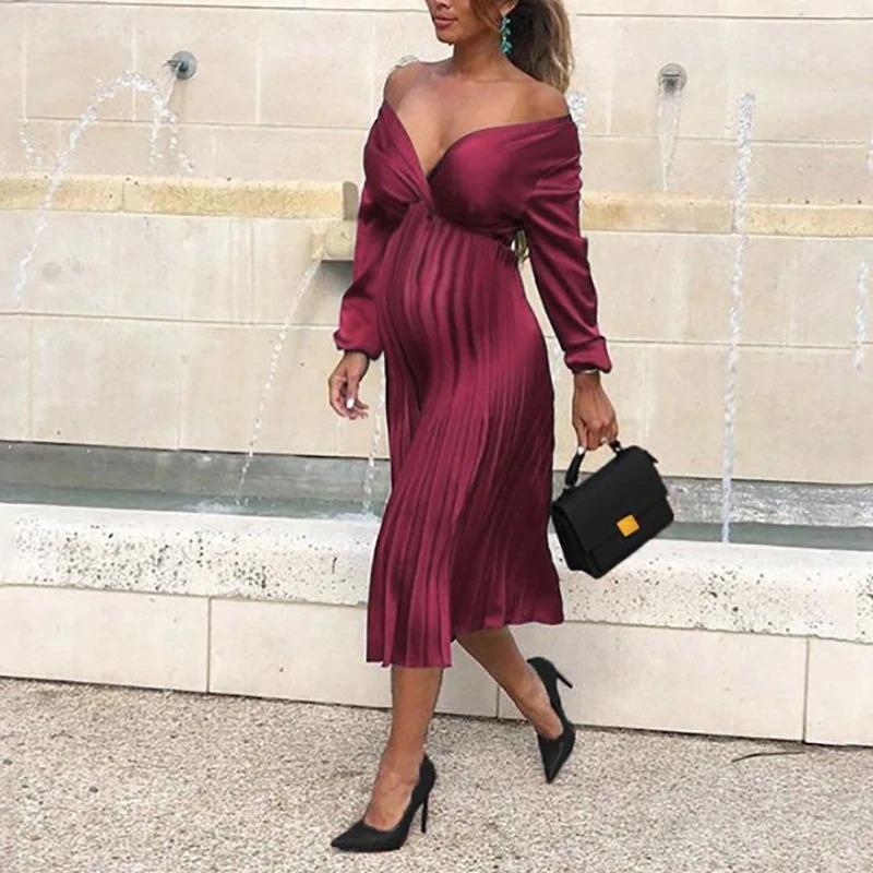 Maternity Simple Solid Color V-neck Pleated Dress - dianjiang-