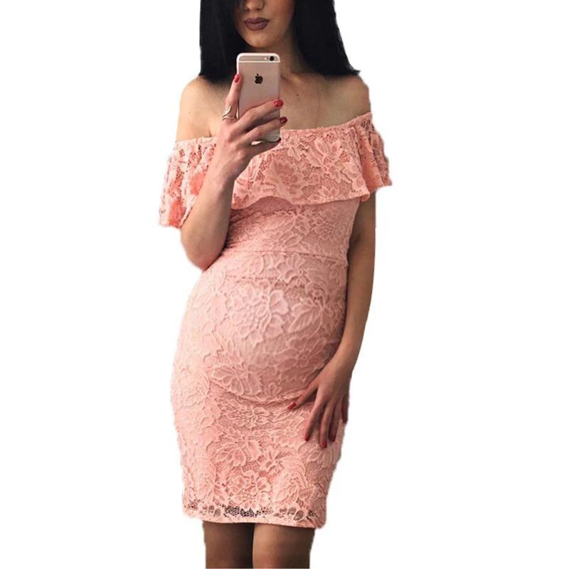 Maternity Plain Off Shoulder Lace Bodycon Dress - dianjiang-