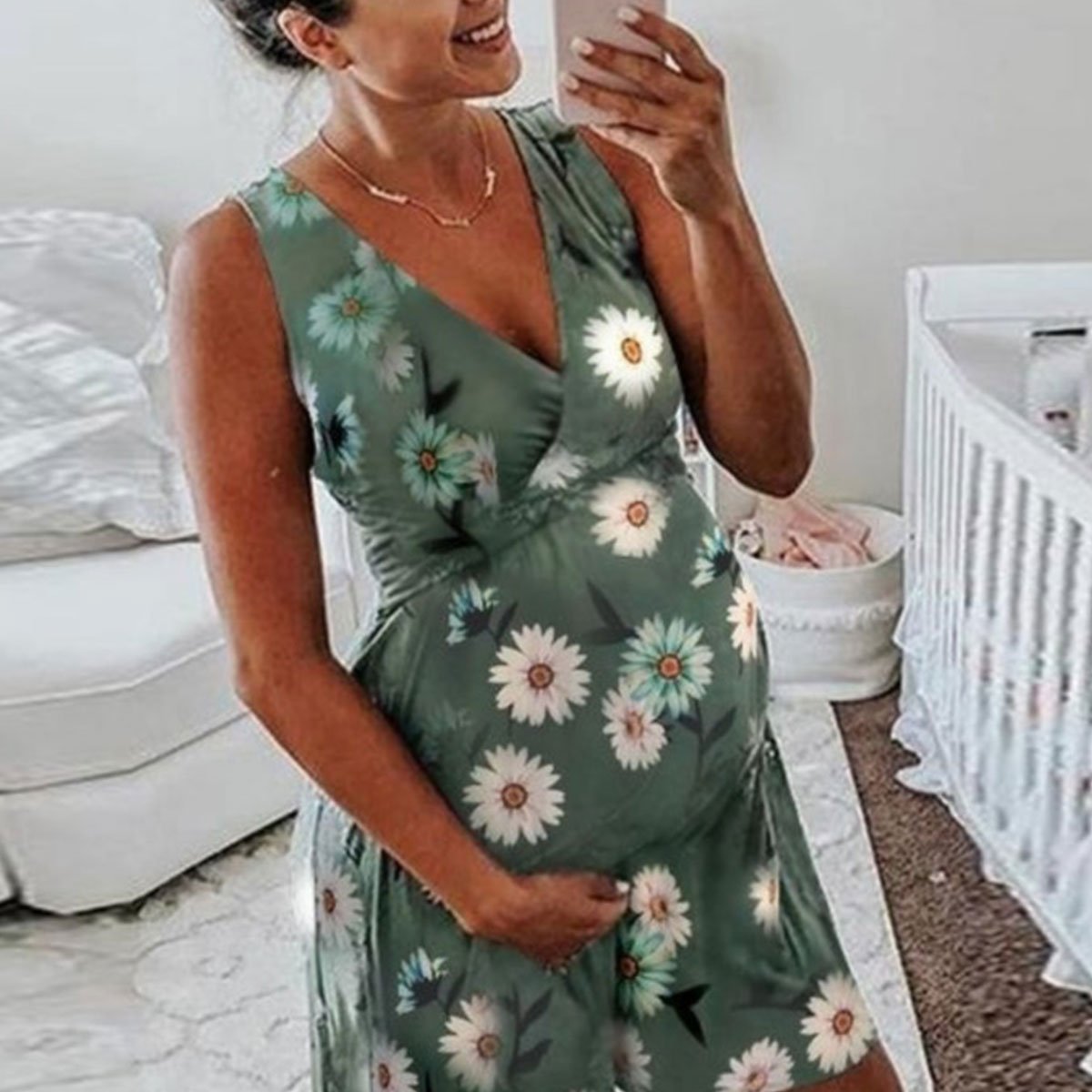 Printed Sleeveless V-Neck Maternity Dress - dianjiang-