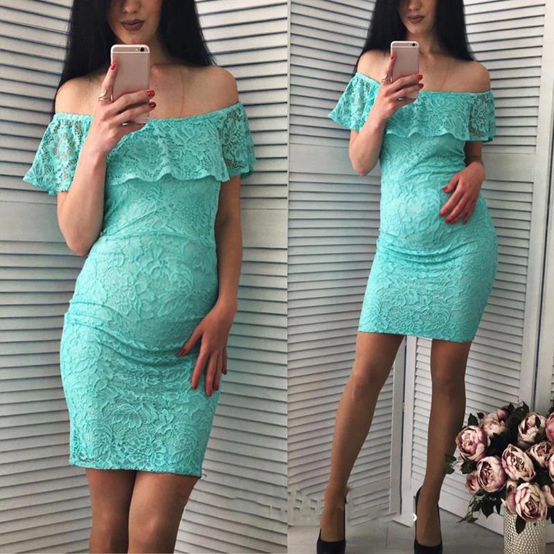 Maternity Plain Off Shoulder Lace Bodycon Dress - dianjiang-