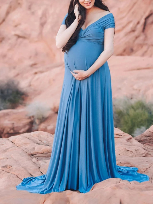 Maternity Shoot Chiffon Fashion Elegant Blue Gown - dianjiang-