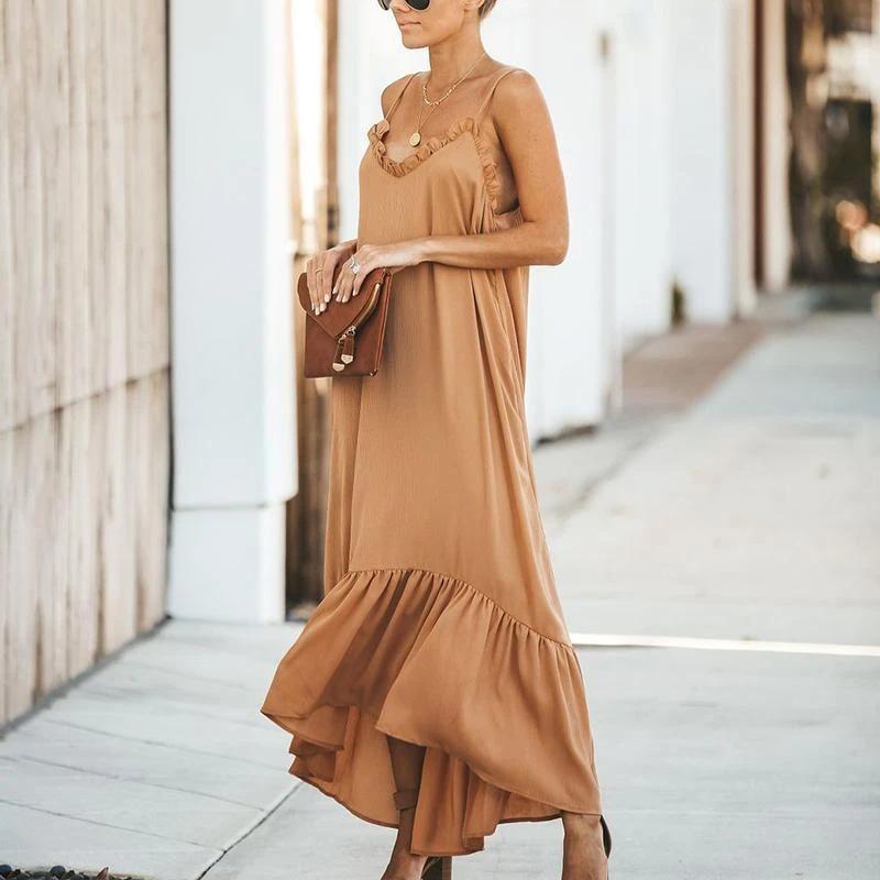 Maternity Plain V-Neck Spaghetti Strap Loose Maxi Dress - dianjiang-