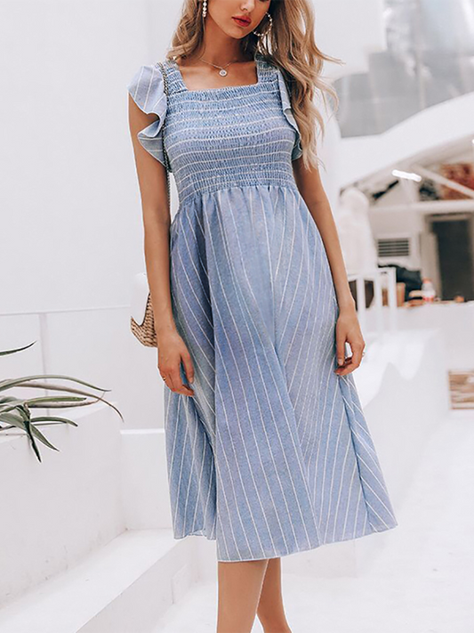 Maternity Pure Color Striped Ruffled Sleeve Dress - dianjiang-