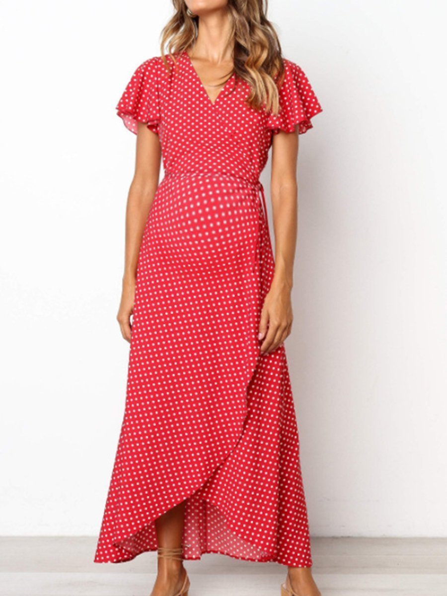 Maternity V-Neck Polka Dots Asymmetrical Long Dress - dianjiang-