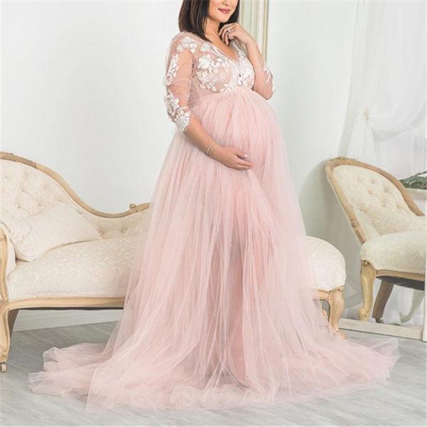 Maternity Elegant V-neck Stitching Mesh Gown Pink Dress - dianjiang-