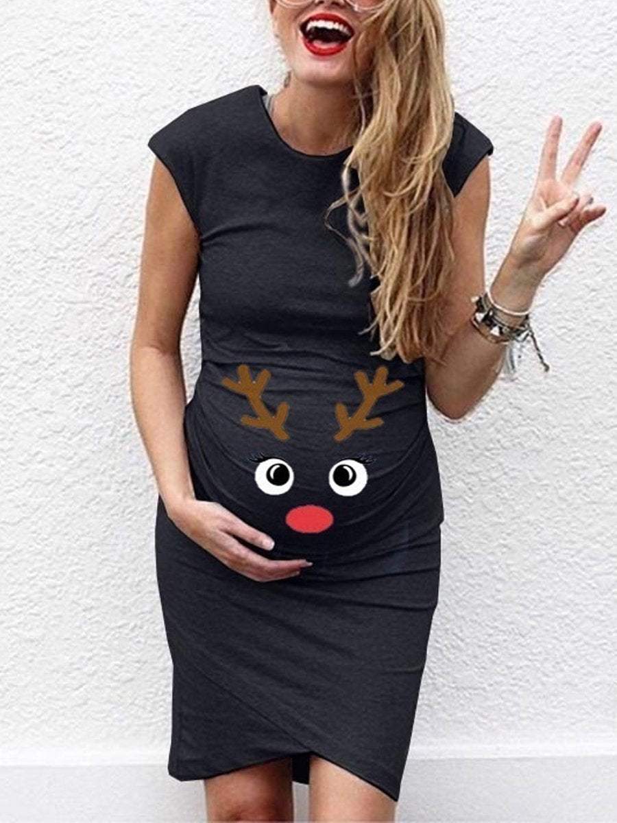 Maternity Elk Print Sleeveless Round Neck Dress - dianjiang-