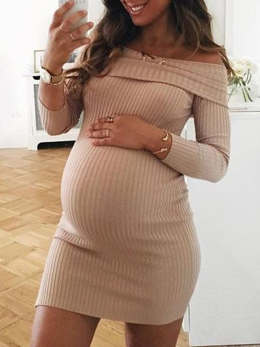 Maternity Solid Color Shoulder Dress - dianjiang-