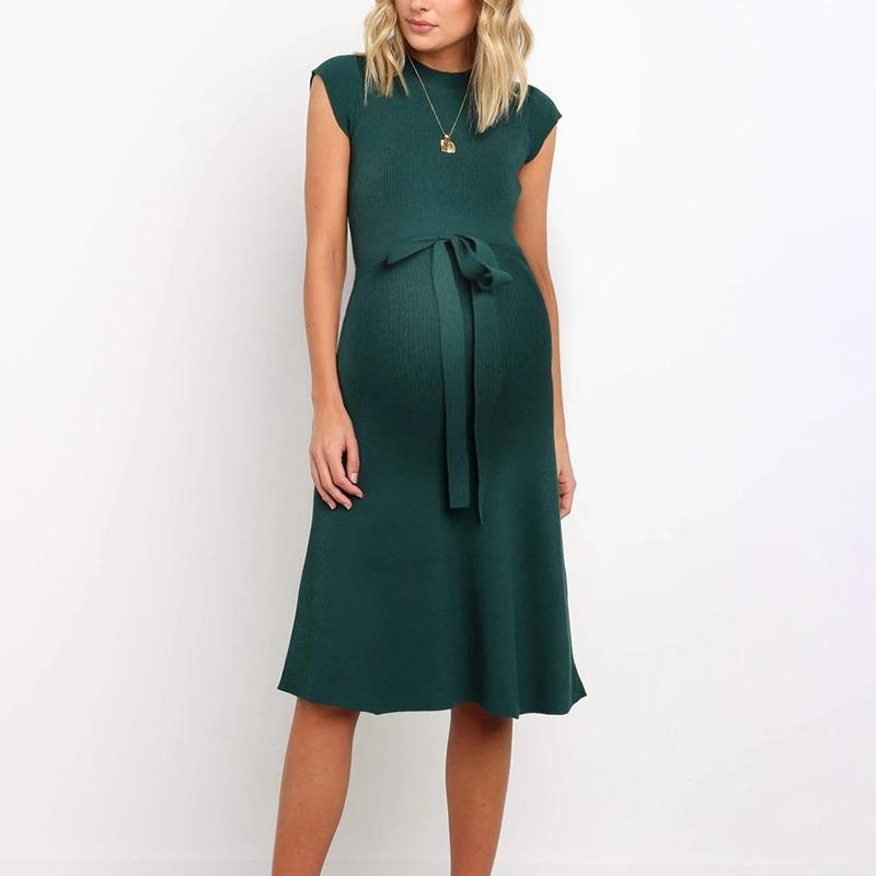 Maternity Casual Round Neck Sleeveless Pure Colour Belted Dress - dianjiang-