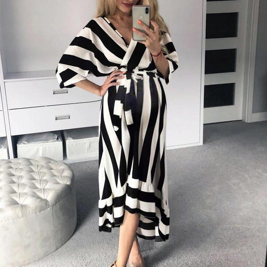 Maternity Surplice Stripe Loose Casual Dress - dianjiang-