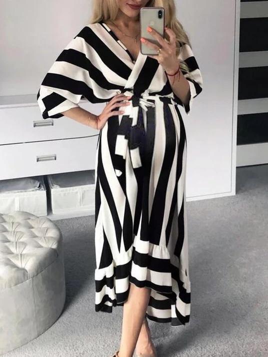 Maternity Surplice Stripe Loose Casual Dress - dianjiang-