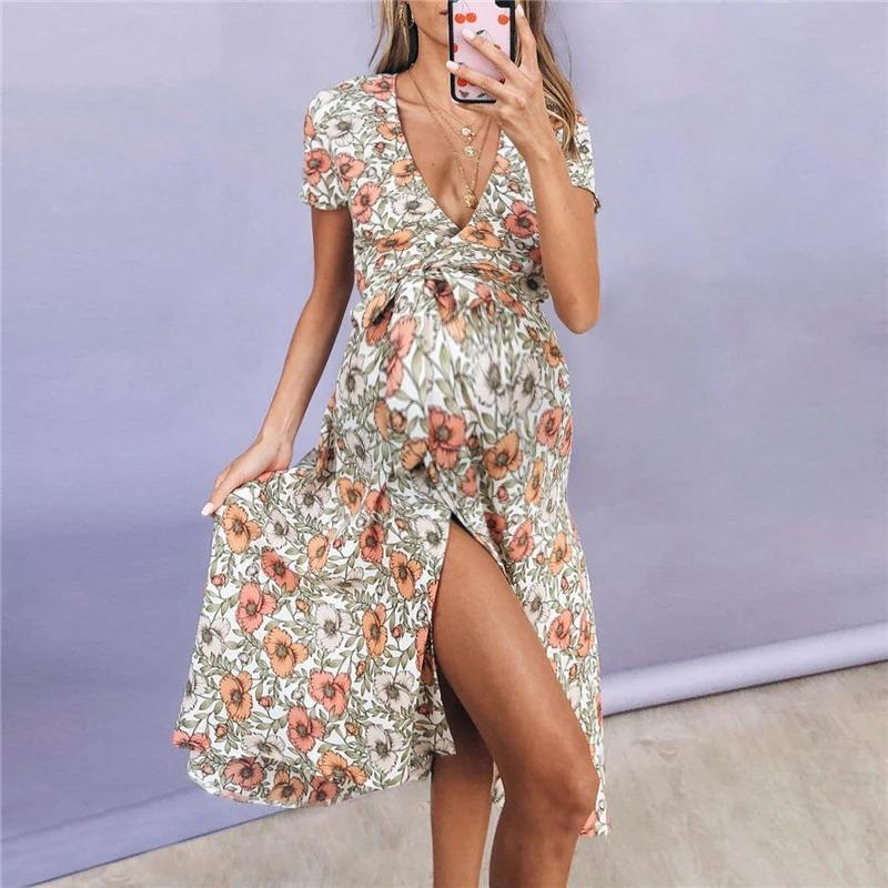 Maternity Sexy Deep V Neck Short Sleeve High Slit Floral Printed Dress - dianjiang-