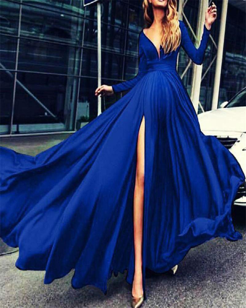 Maternity Sexy Solid Color Deep V-Neck Long Sleeve Split Maxi Dress - dianjiang-