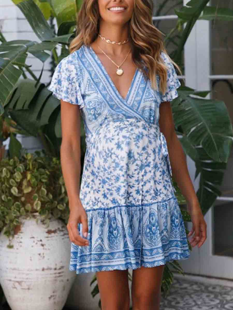 Maternity Printed V-Neck Short Sleeve Dress - dianjiang-